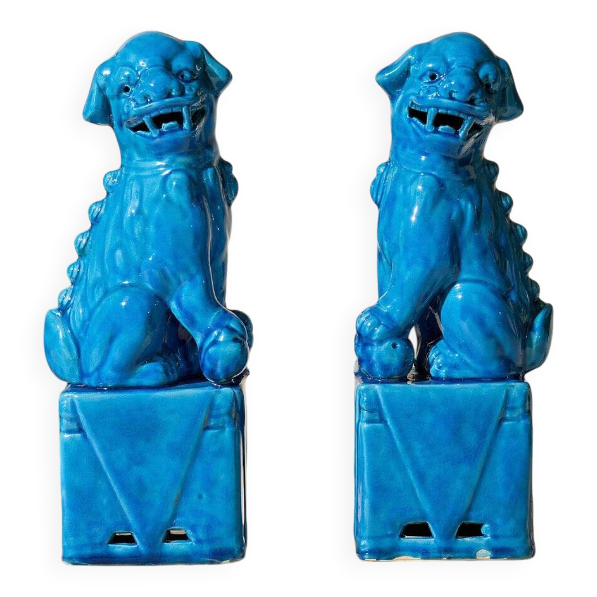 Pair of blue Fô dogs - glazed ceramic - Chinese blue - mid 20th century