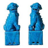 Pair of blue Fô dogs - glazed ceramic - Chinese blue - mid 20th century