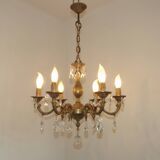 French Mid-Century Bronze 6-Light Chandelier with Crystal Droplets 5491