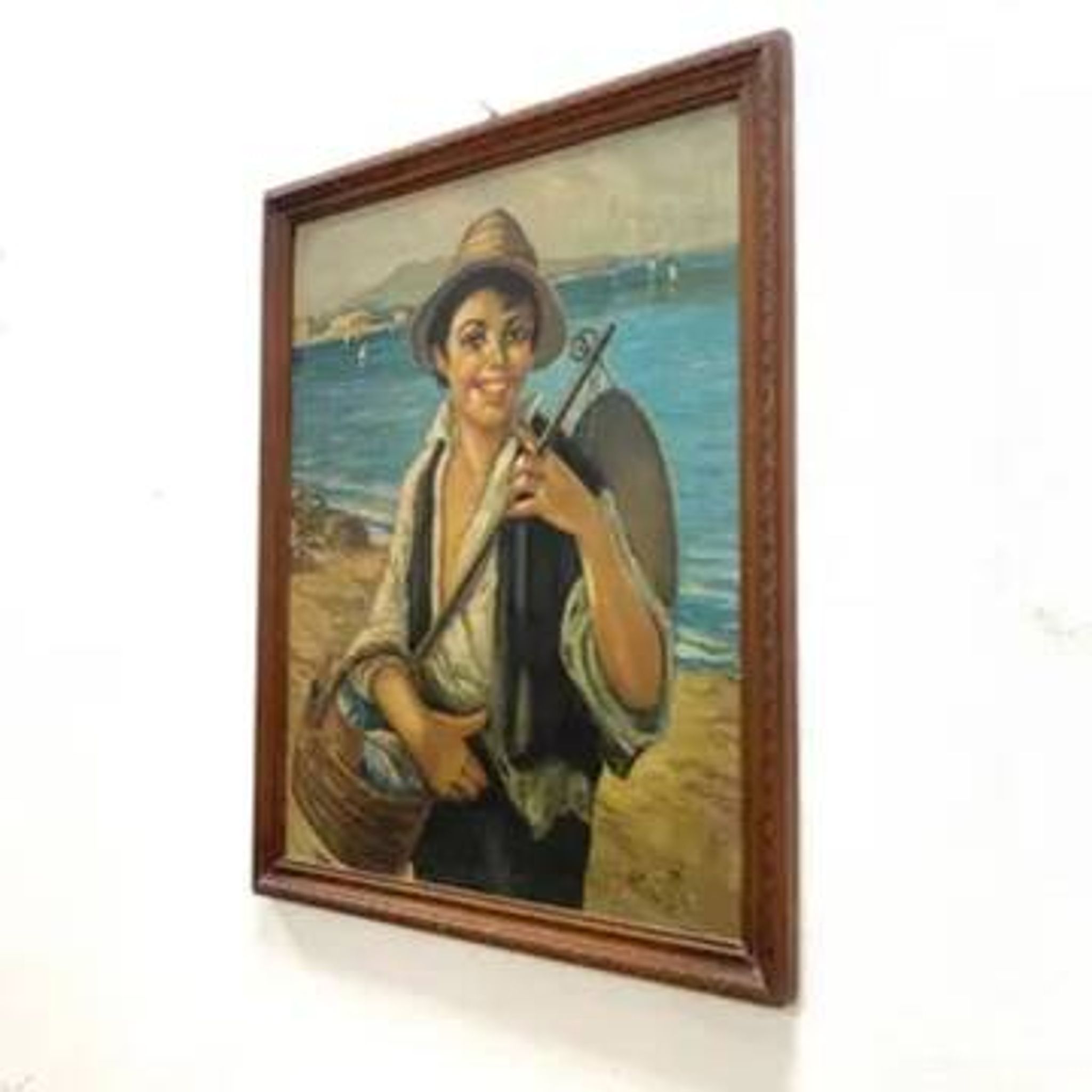 Oil painting, G. De Curtis, signed canvas, young Italian fisherman, late 20th century