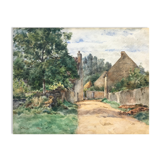 Table Watercolor 1904 by G Roche "Village Tree Entrance"