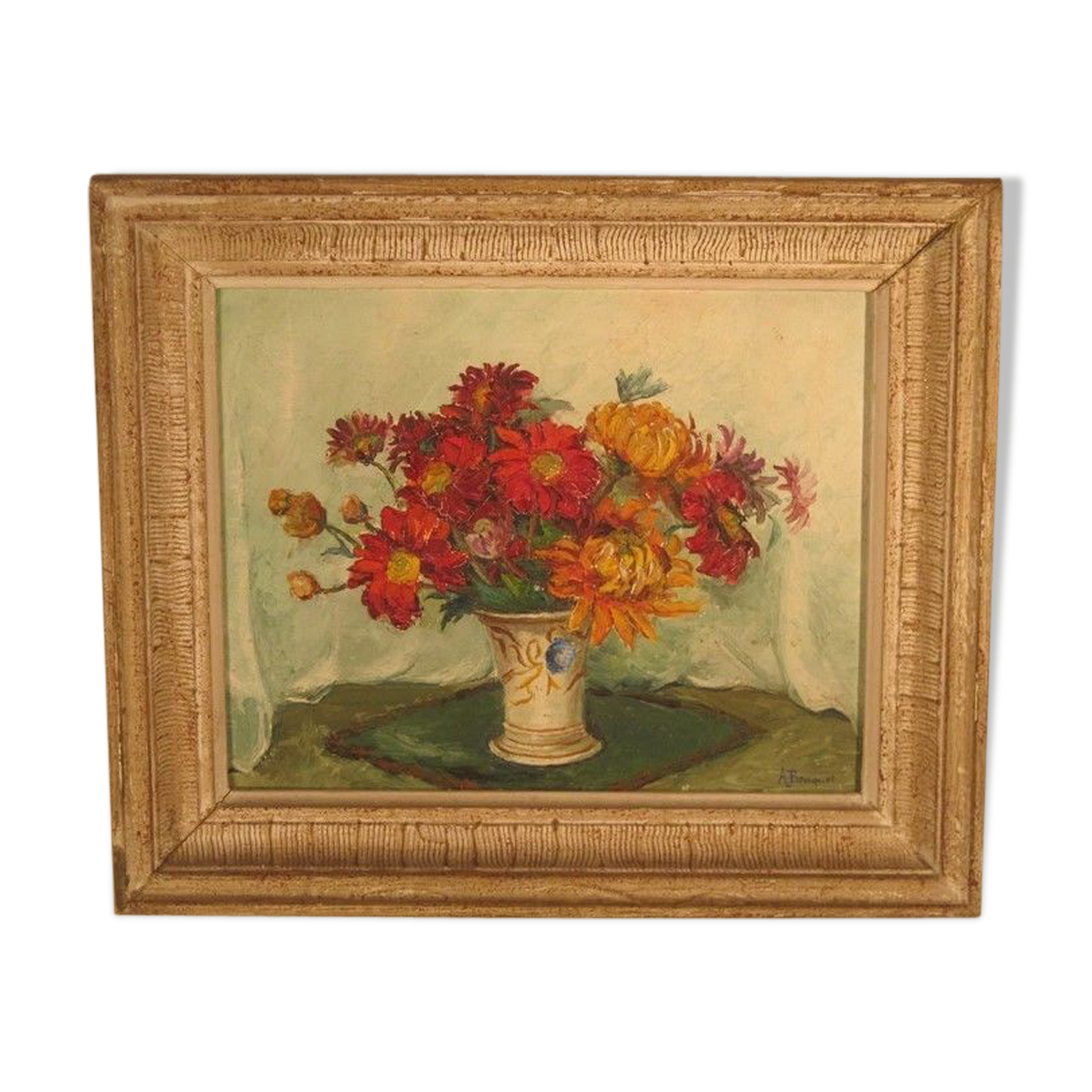 Painting oil flowers signed Alphonsine artist bouquet side