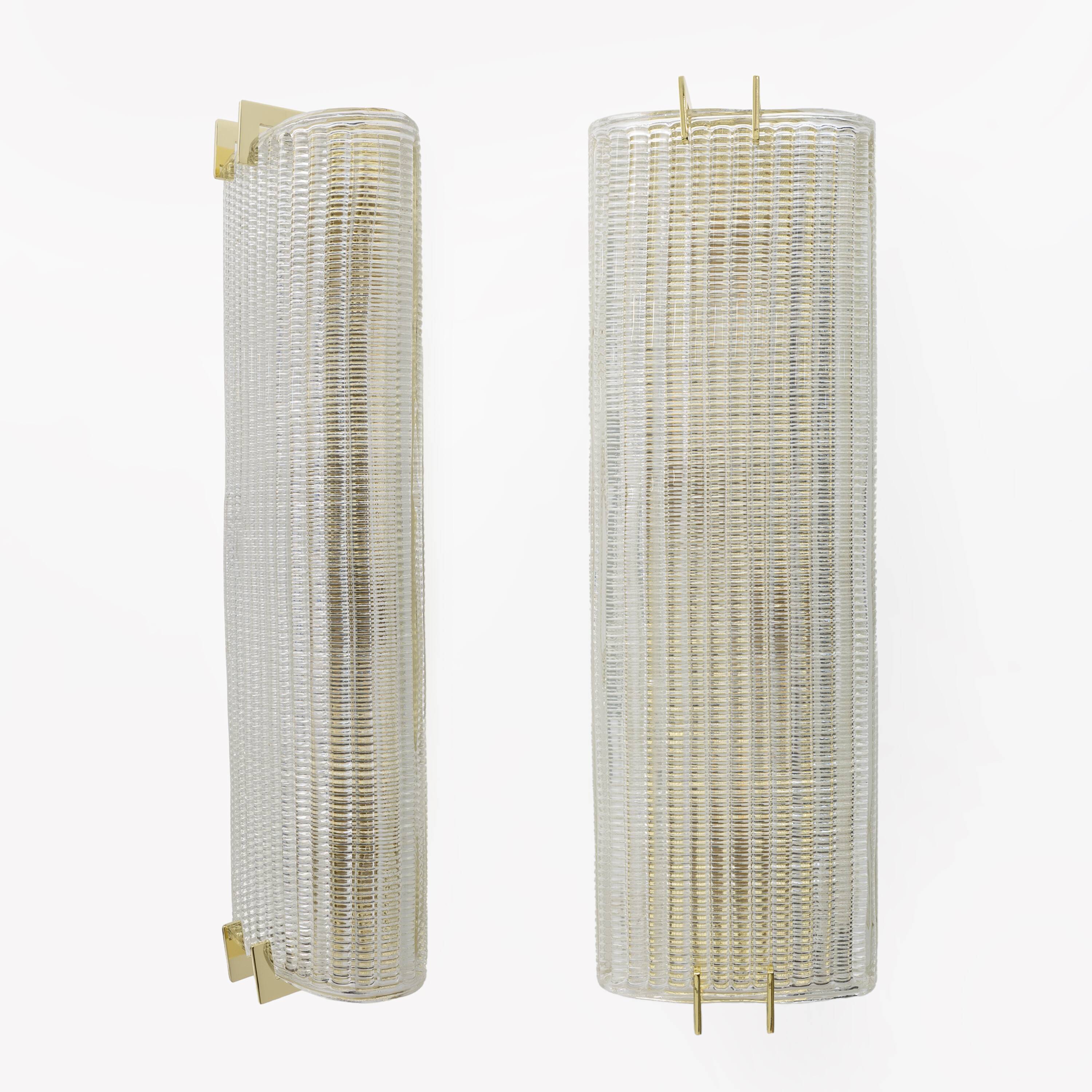 Pair of Modern Italian Brass and Murano Glass Textured Wall Sconces