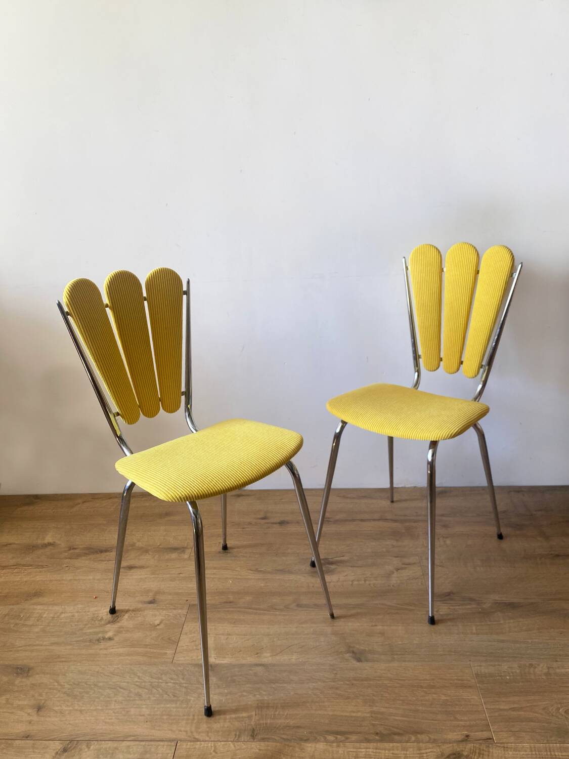 Chrome petal corduroy chairs