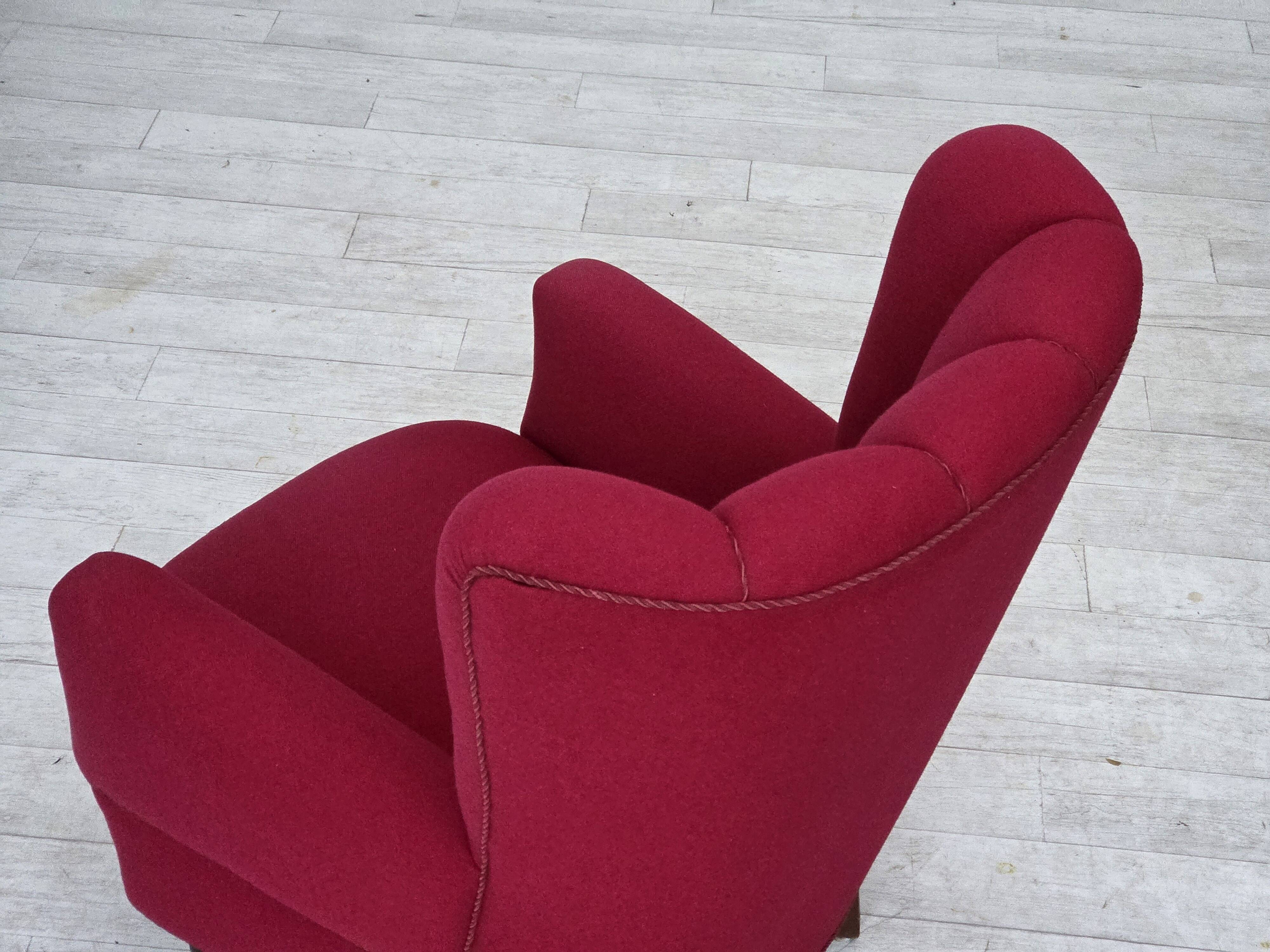 1960s, Danish armchair, furniture wool, beech wood logs.