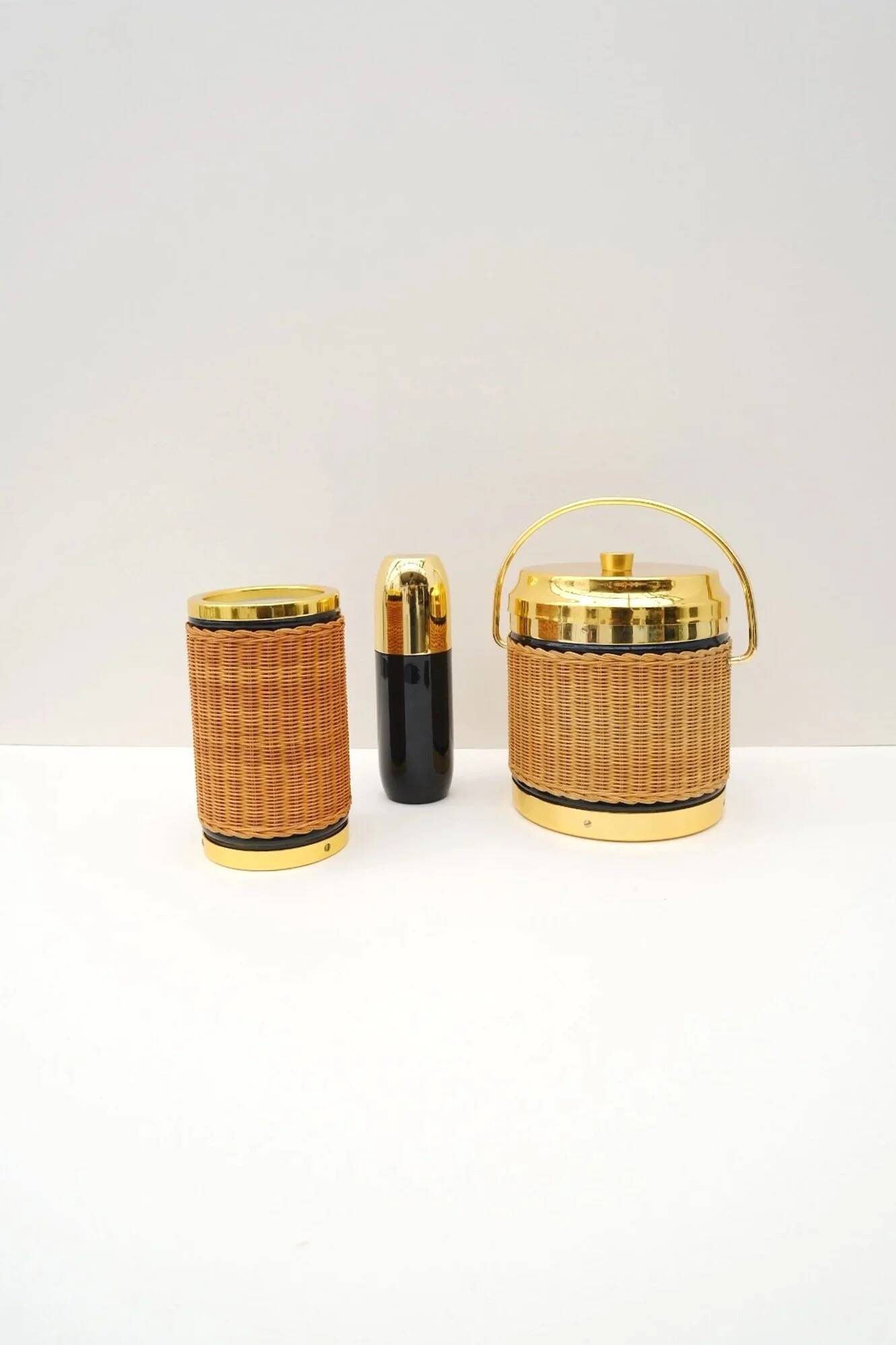 Rattan and chrome ice bucket, bottle and shaker set, France 1970
