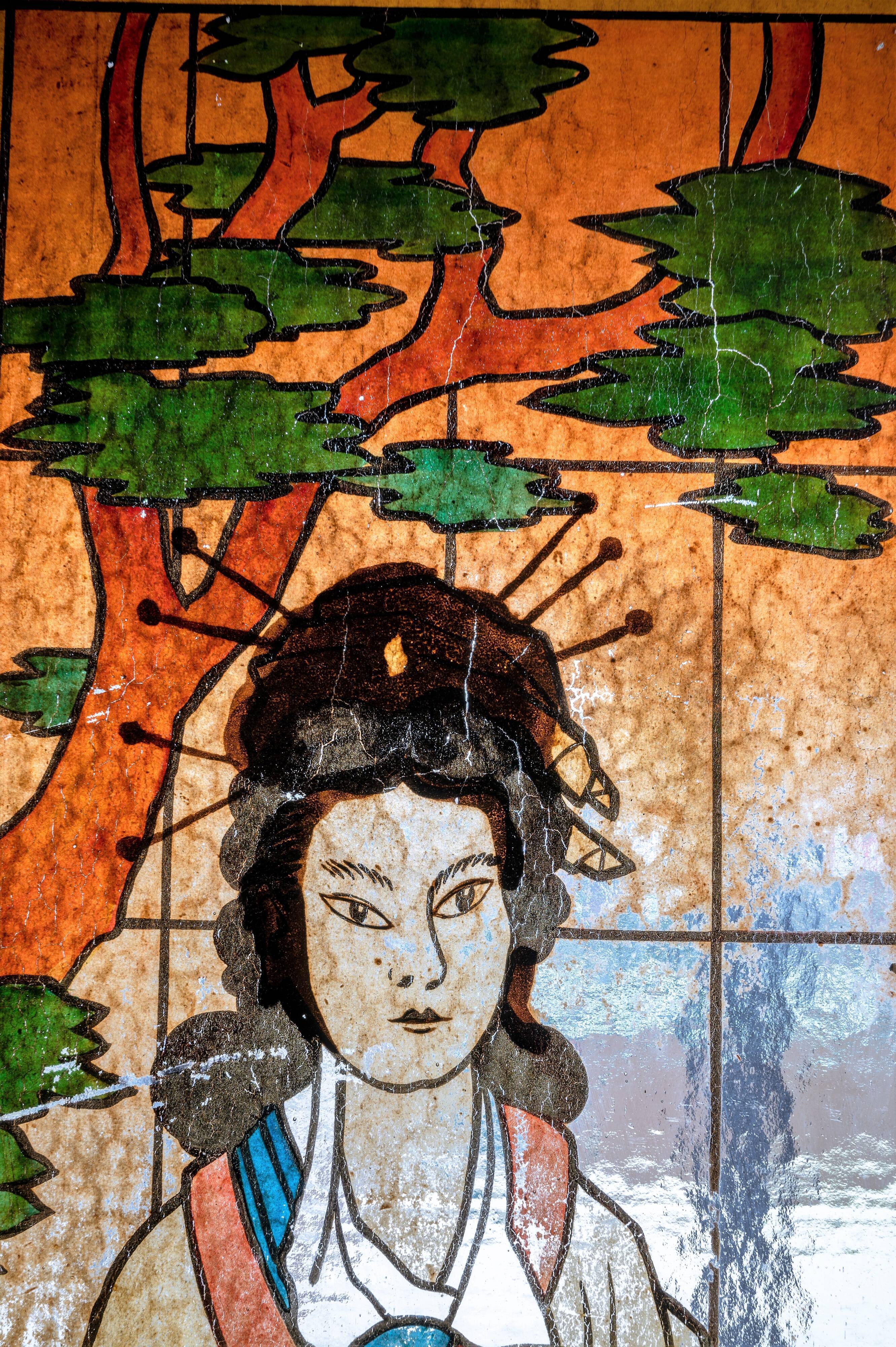 Vitrail japonais peint à la main antique