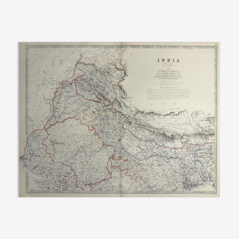 Carte de l’Inde du Nord vers 1869 Keith Johnston Royal Atlas Carte colorée à la main