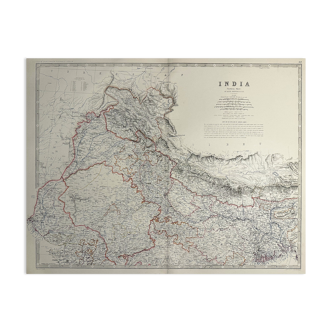 Carte de l’Inde du Nord vers 1869 Keith Johnston Royal Atlas Carte colorée à la main
