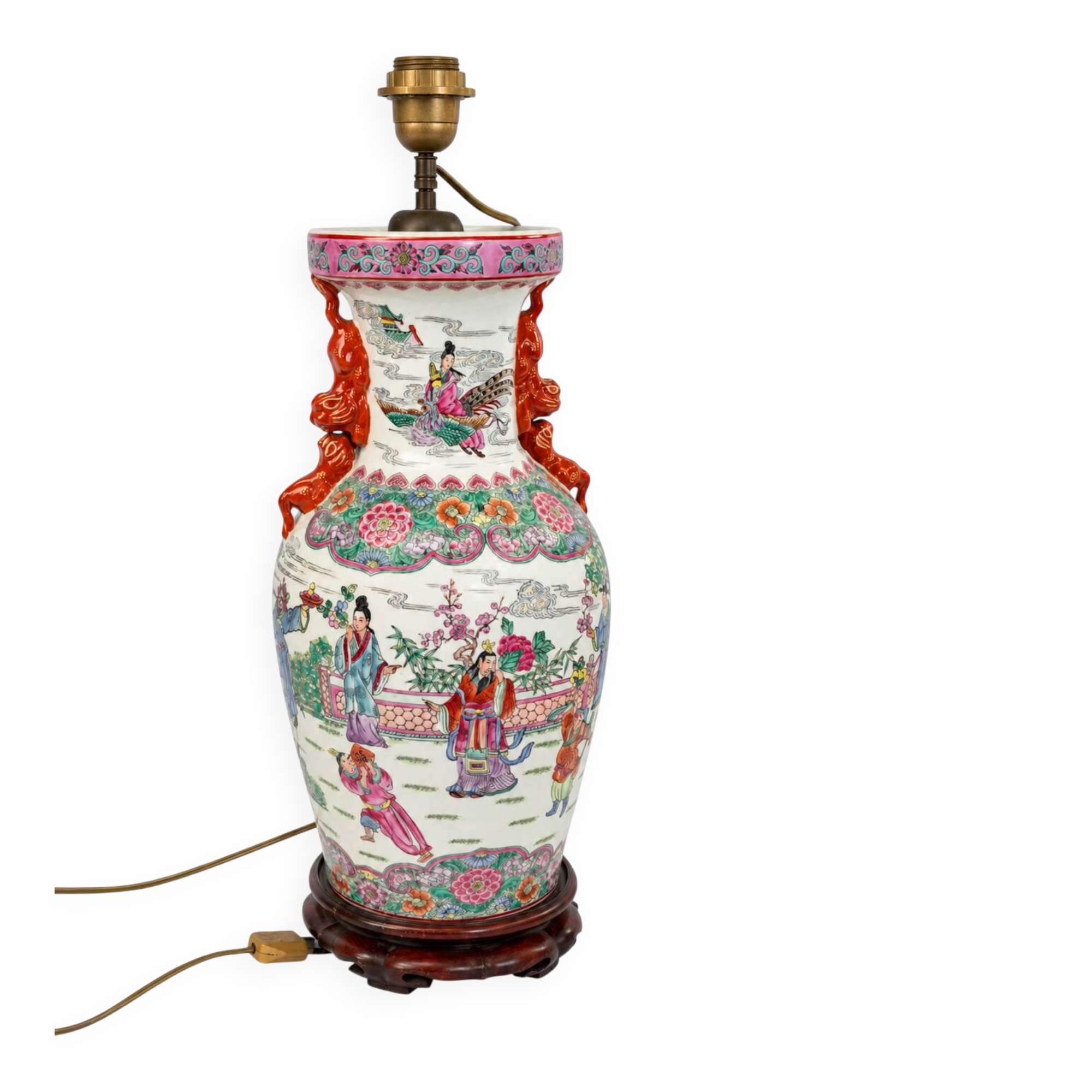 Large polychrome Chinese porcelain lamp on a wooden base – 63 cm