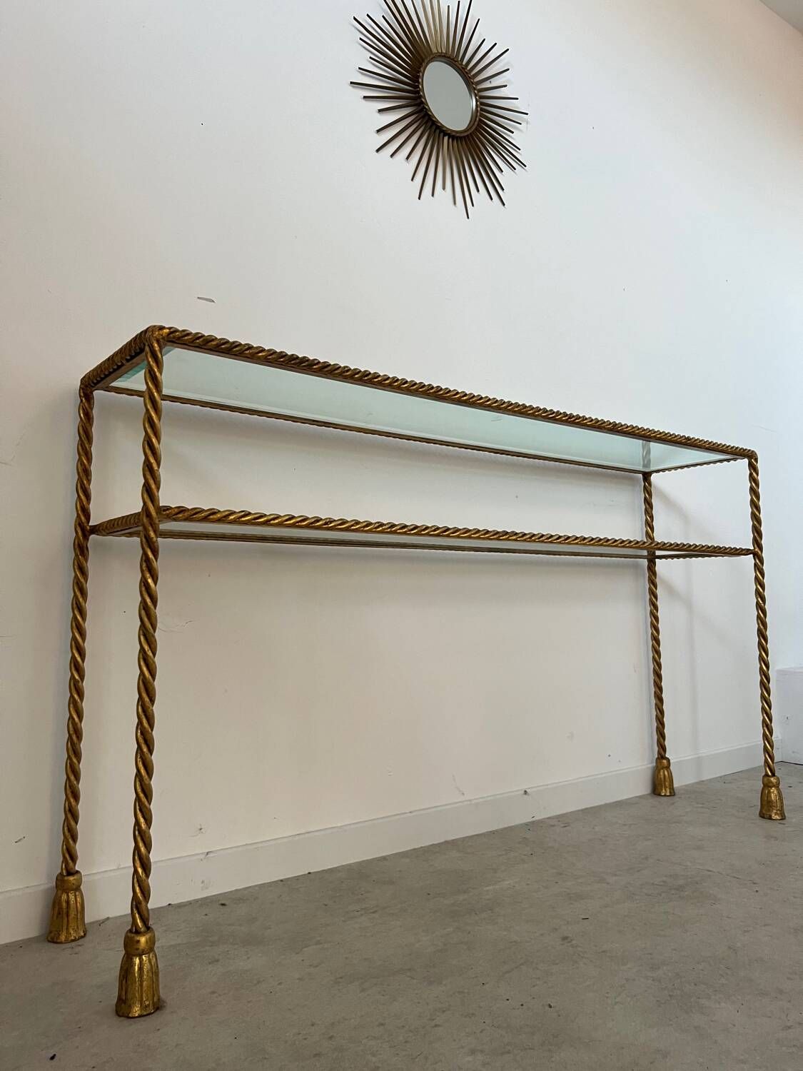 Antique console table in twisted gilded brass and glass Italian design from the 60s vintage table