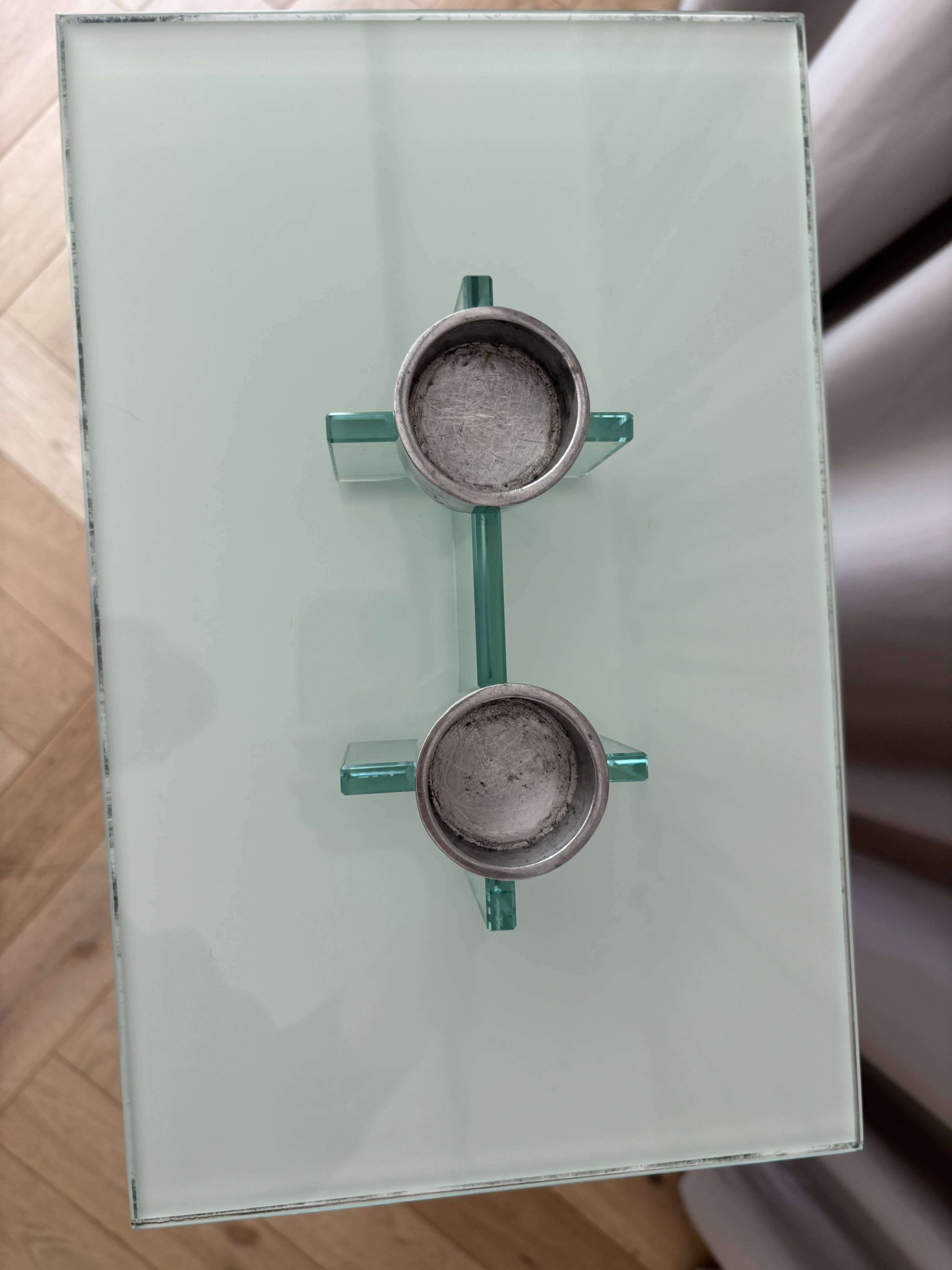 Postmodern double candlestick in glass and chrome metal