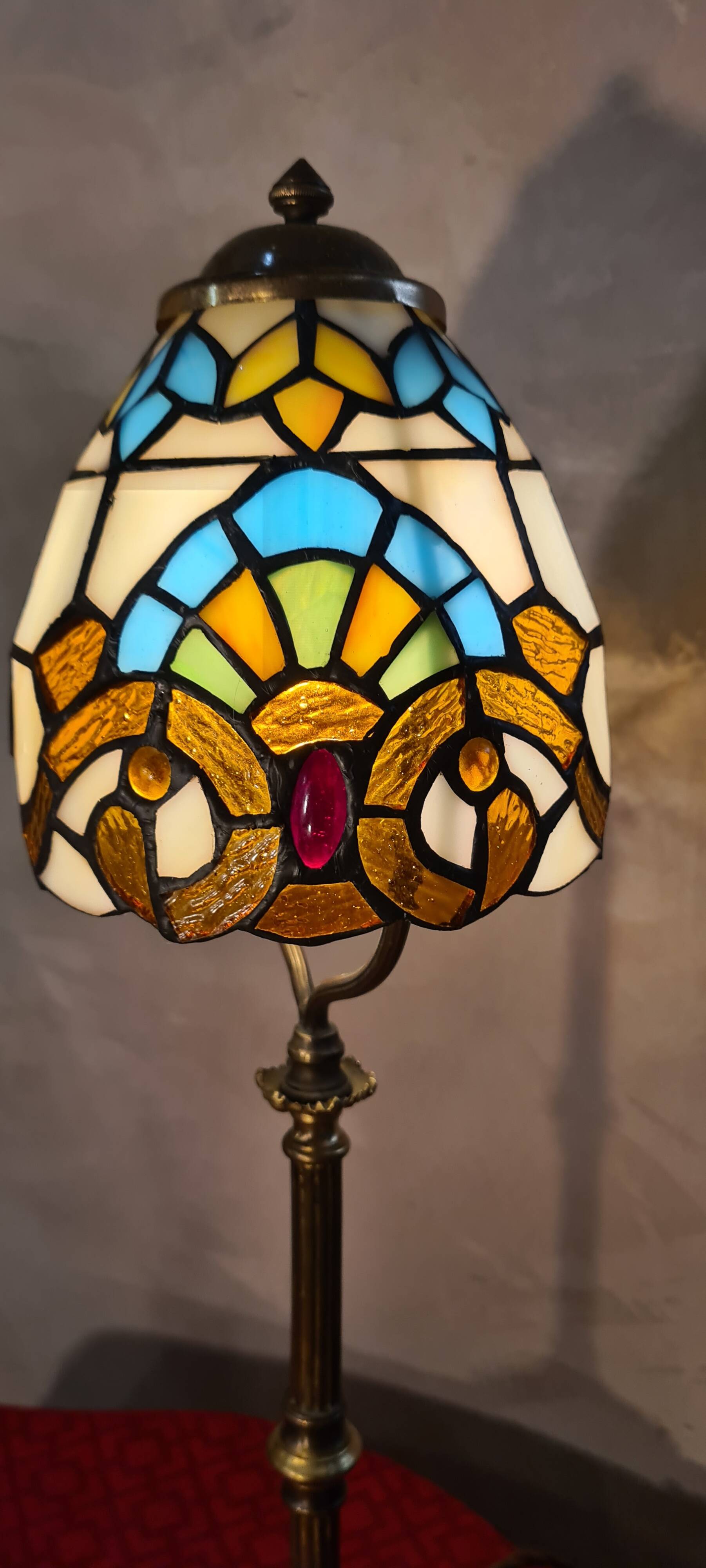1920s brass lamp with tiffany stained glass shade 48x14