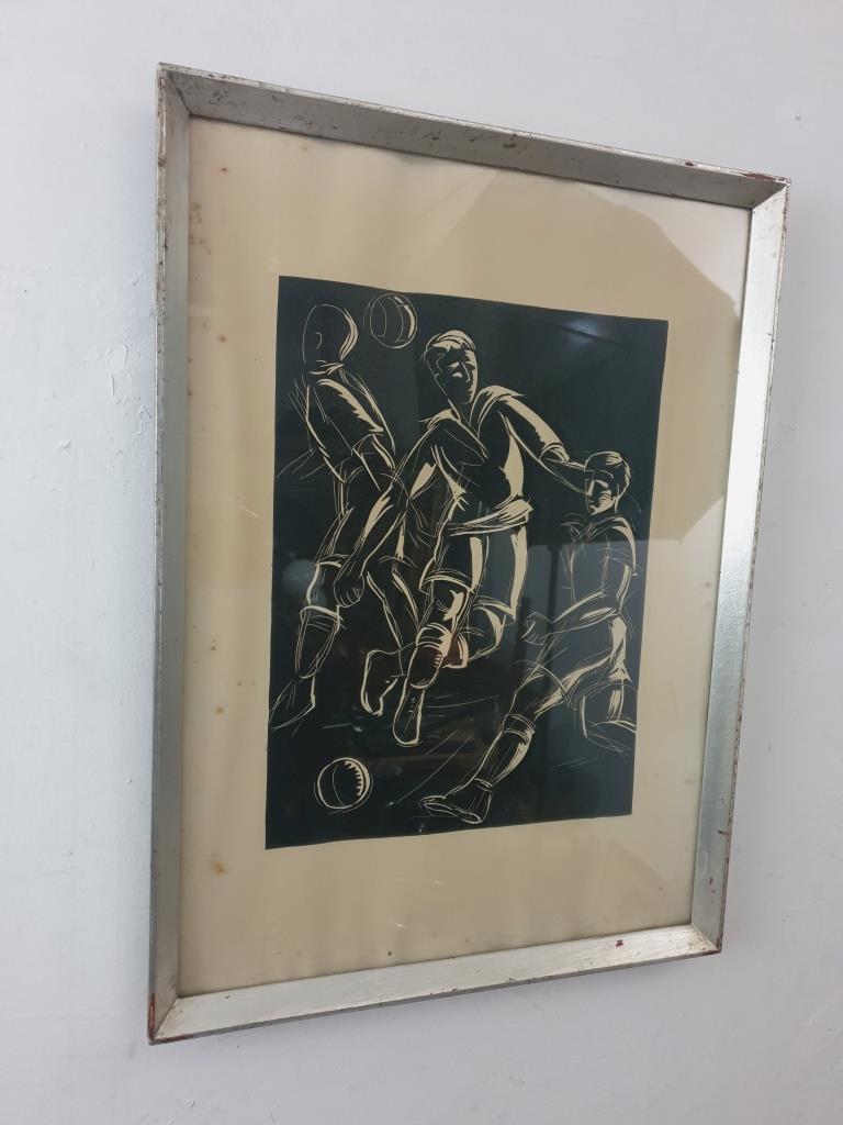Linocut foot ball - art deco painting - vintage sport