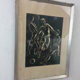 Linocut foot ball - art deco painting - vintage sport
