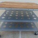 Metallic trolley with wheels, 3 levels with wooden top.