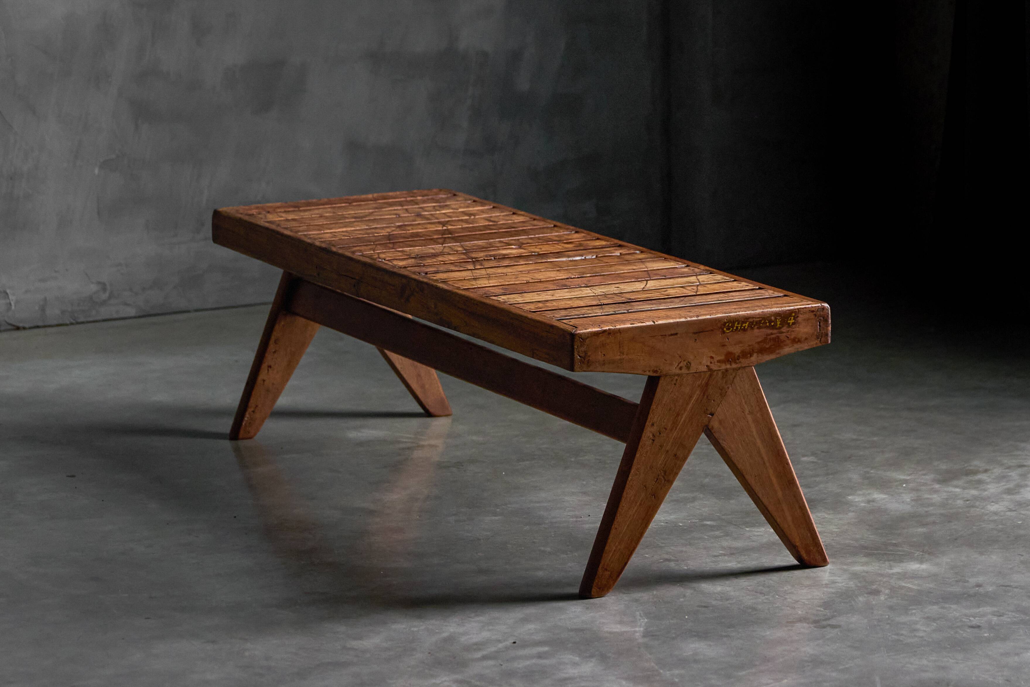 Solid Teak Slatted Bench by Pierre Jeanneret, India, 1950s
