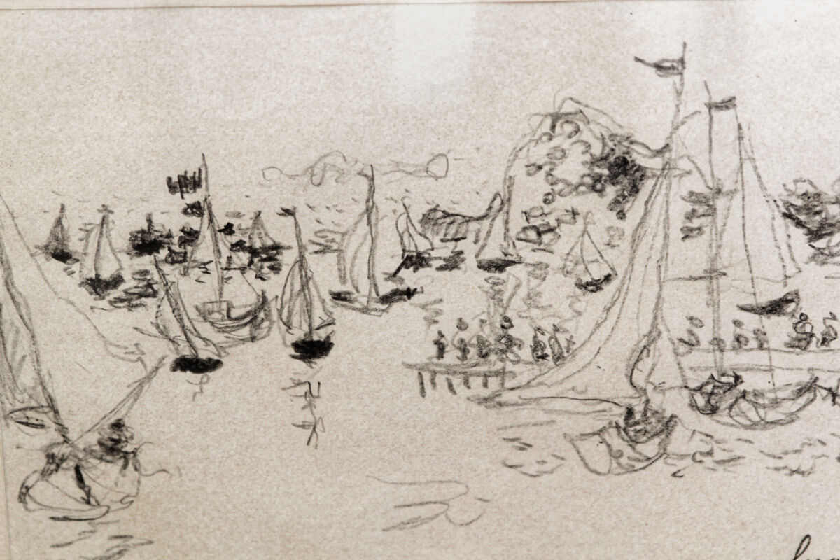 Dessin à la mine de plomb, port, signé Jean Fusaro