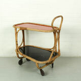 Bamboo Bar Cart Tea Trolley with black and red shelf, 1940s