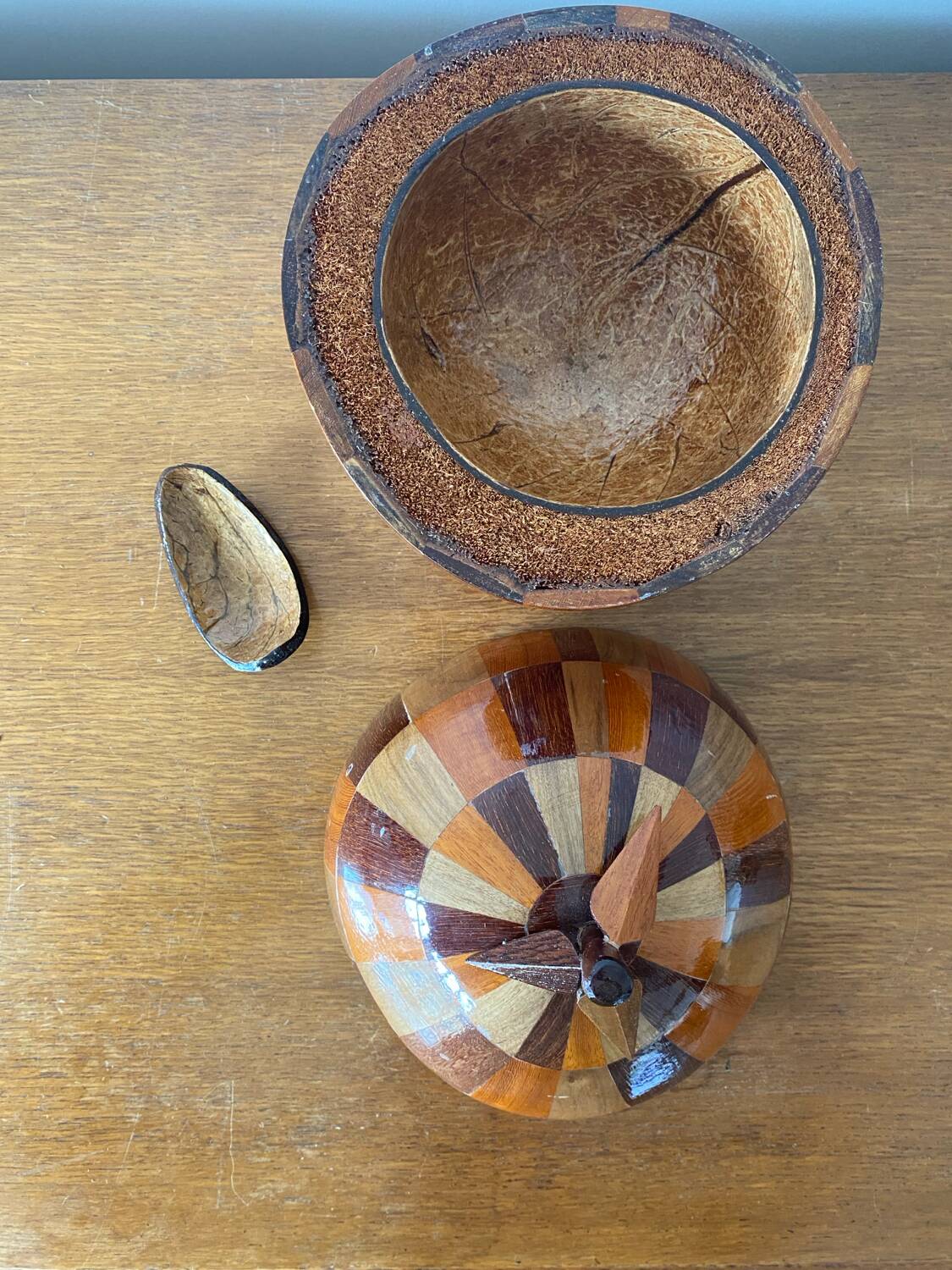 Antique Coconut Ice Bucket Wood Marquetry 1950s Vintage