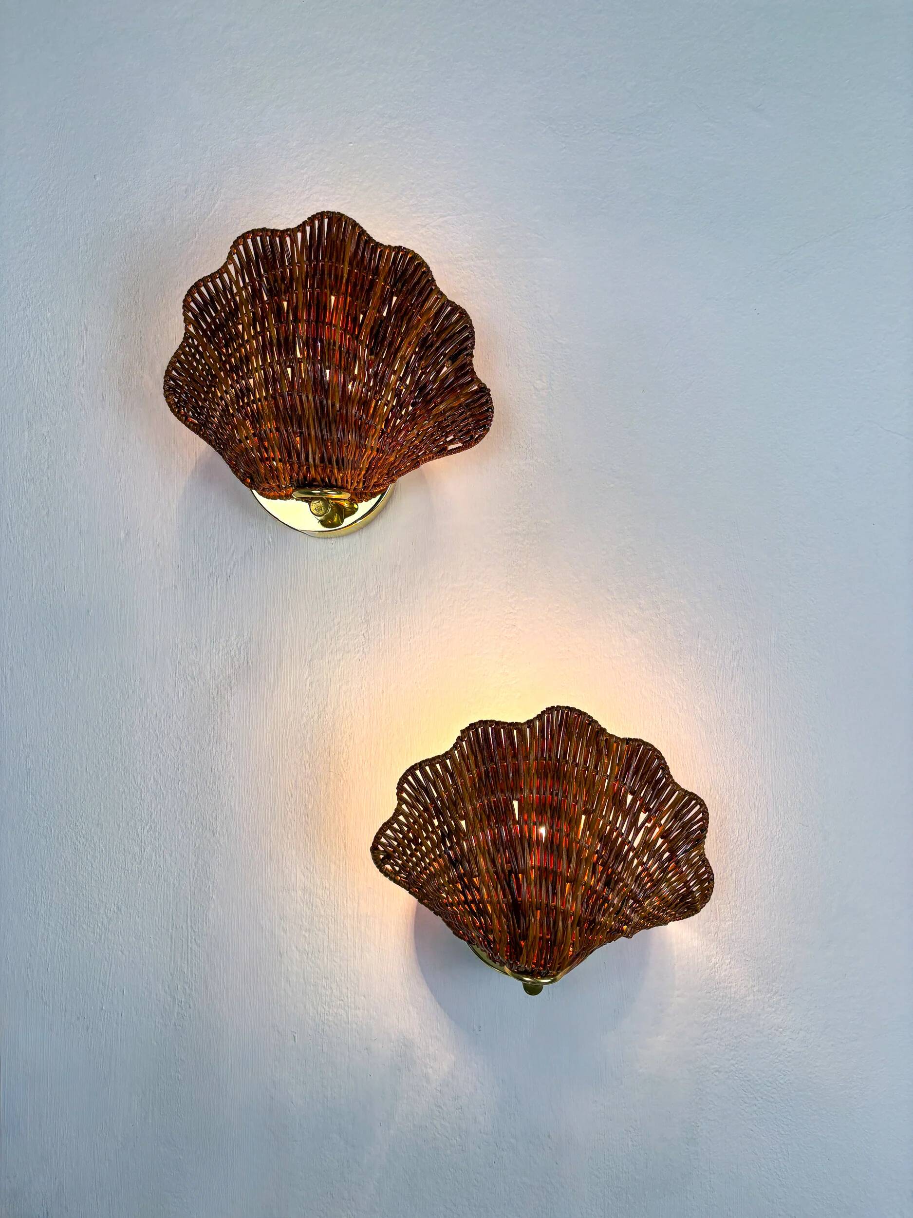 Pair of scalloped rattan wall sconces, 1980s, sourced in Spain