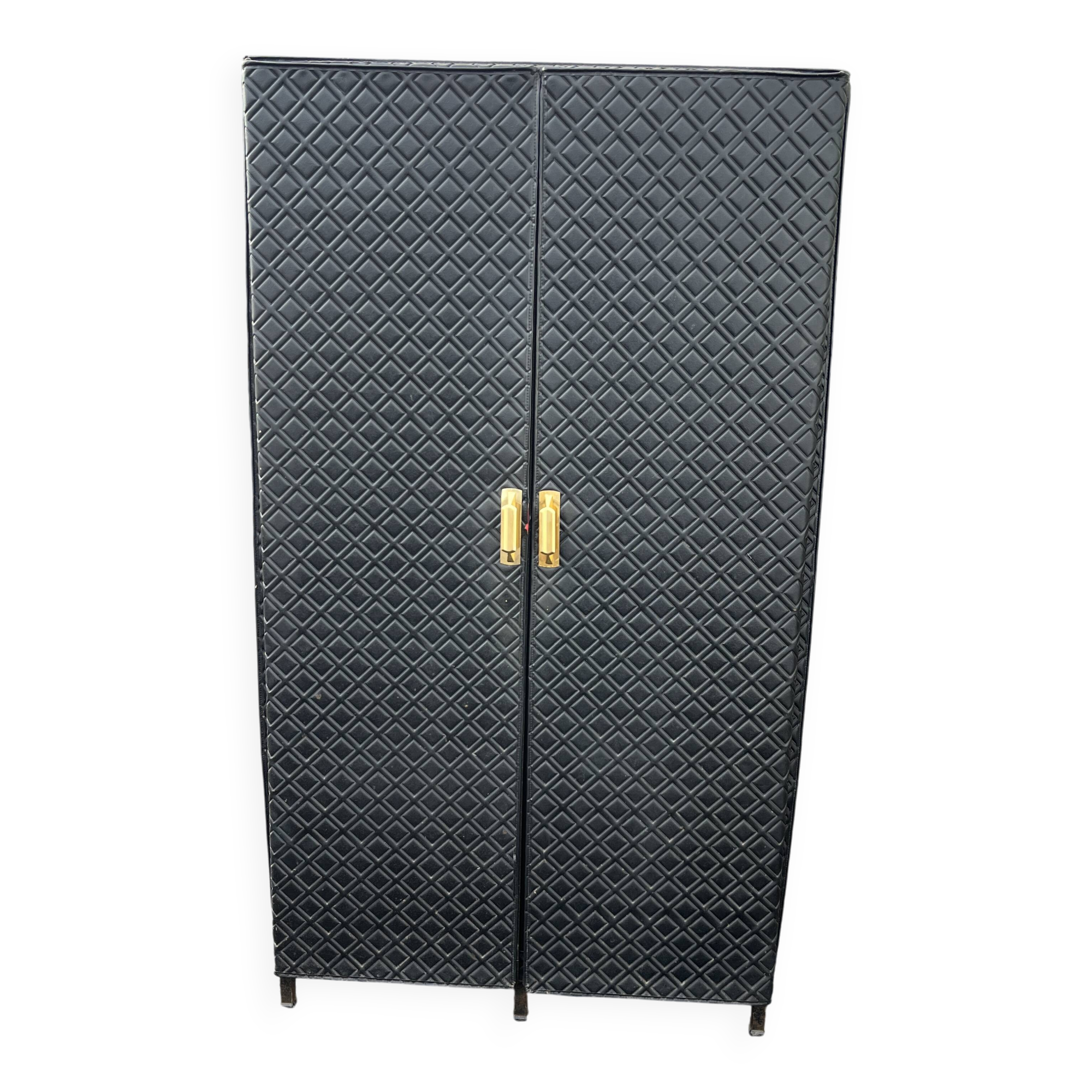Contemporary wardrobe in black faux leather with diamond pattern and gold handles.