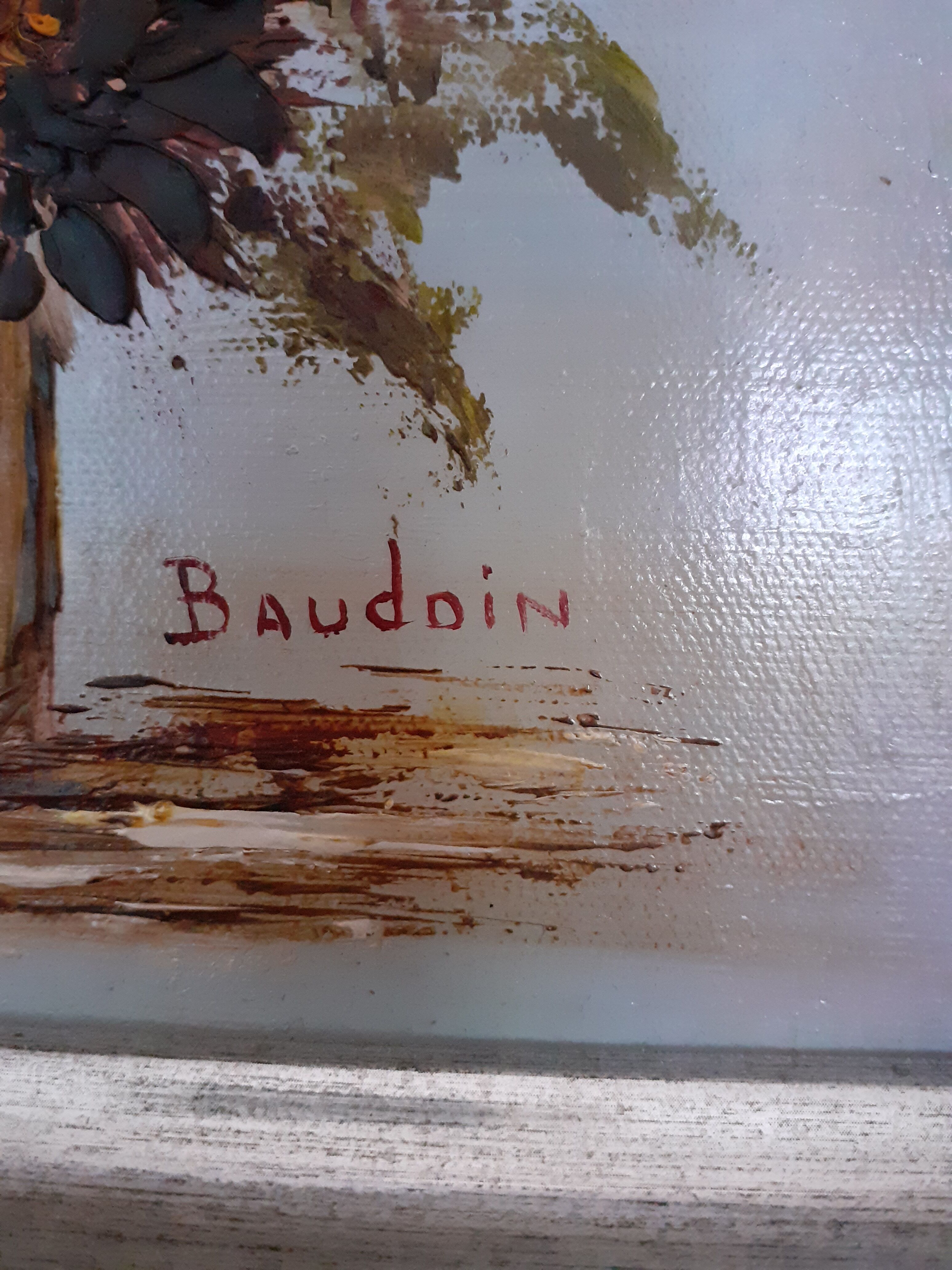 Ancient oil on canvas signed flower motif very beautiful silver framing