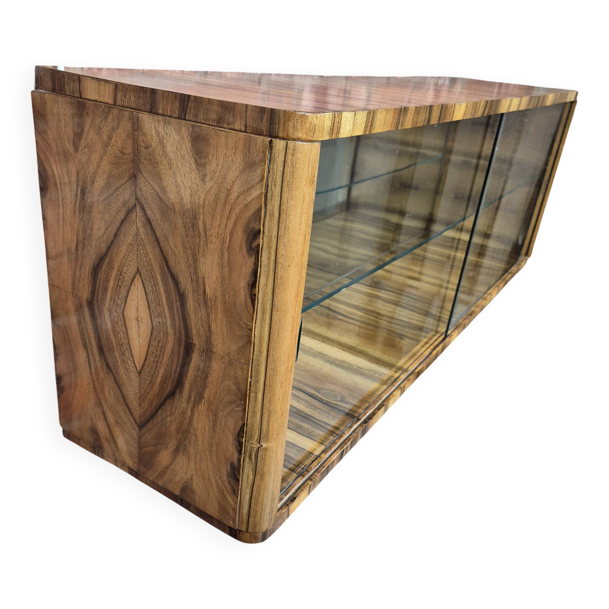 Wall-Mounted Walnut Display Cabinet with Mirrored Back – Upcycled 1960s Mid