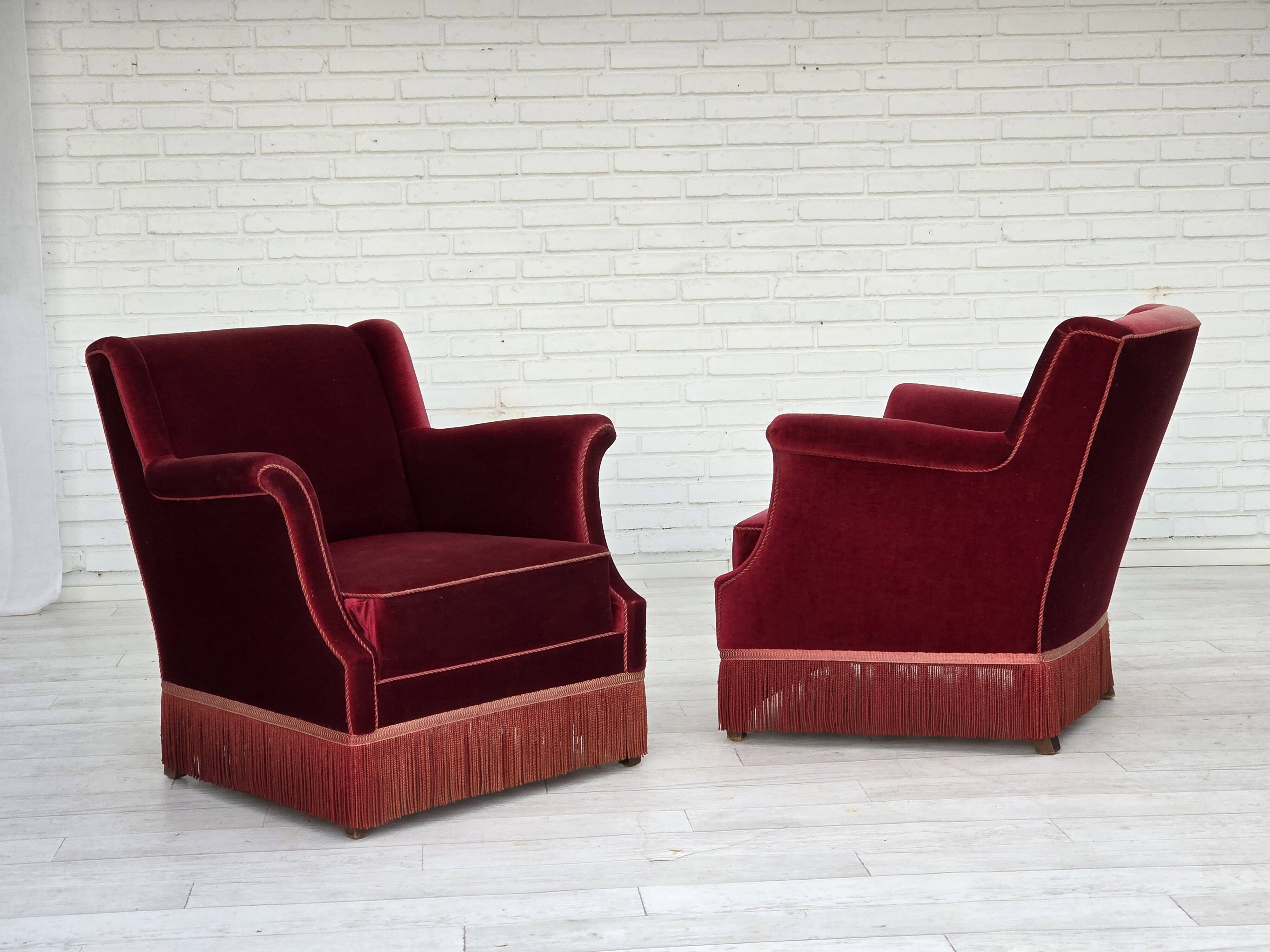 1960s, Danish armchair, cherry-red furniture velour, ash wood, original.