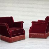 1960s, Danish armchair, cherry-red furniture velour, ash wood, original.