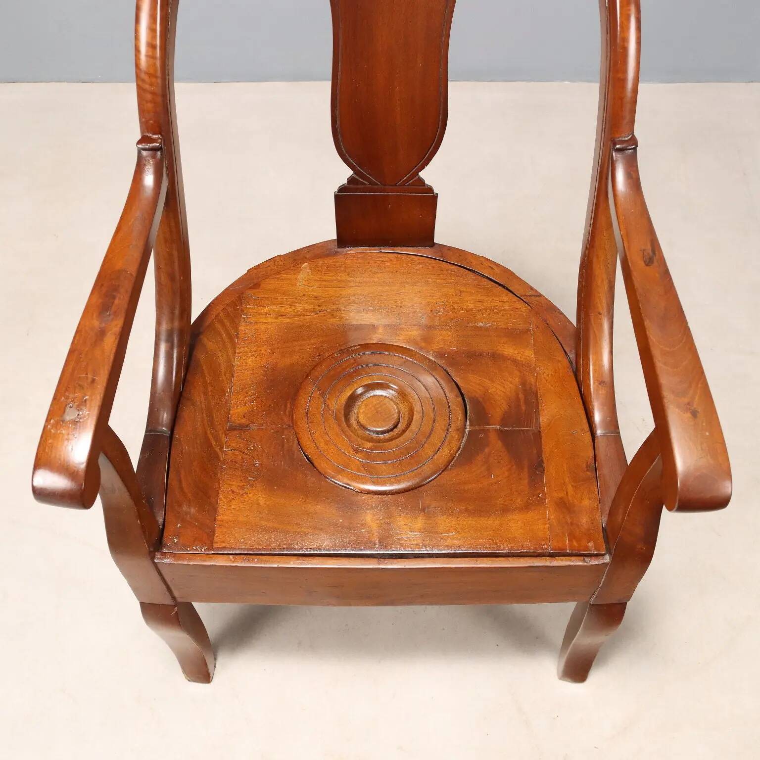 Antique Charles X armchair in walnut and fabric, Italy, mid-19th century.