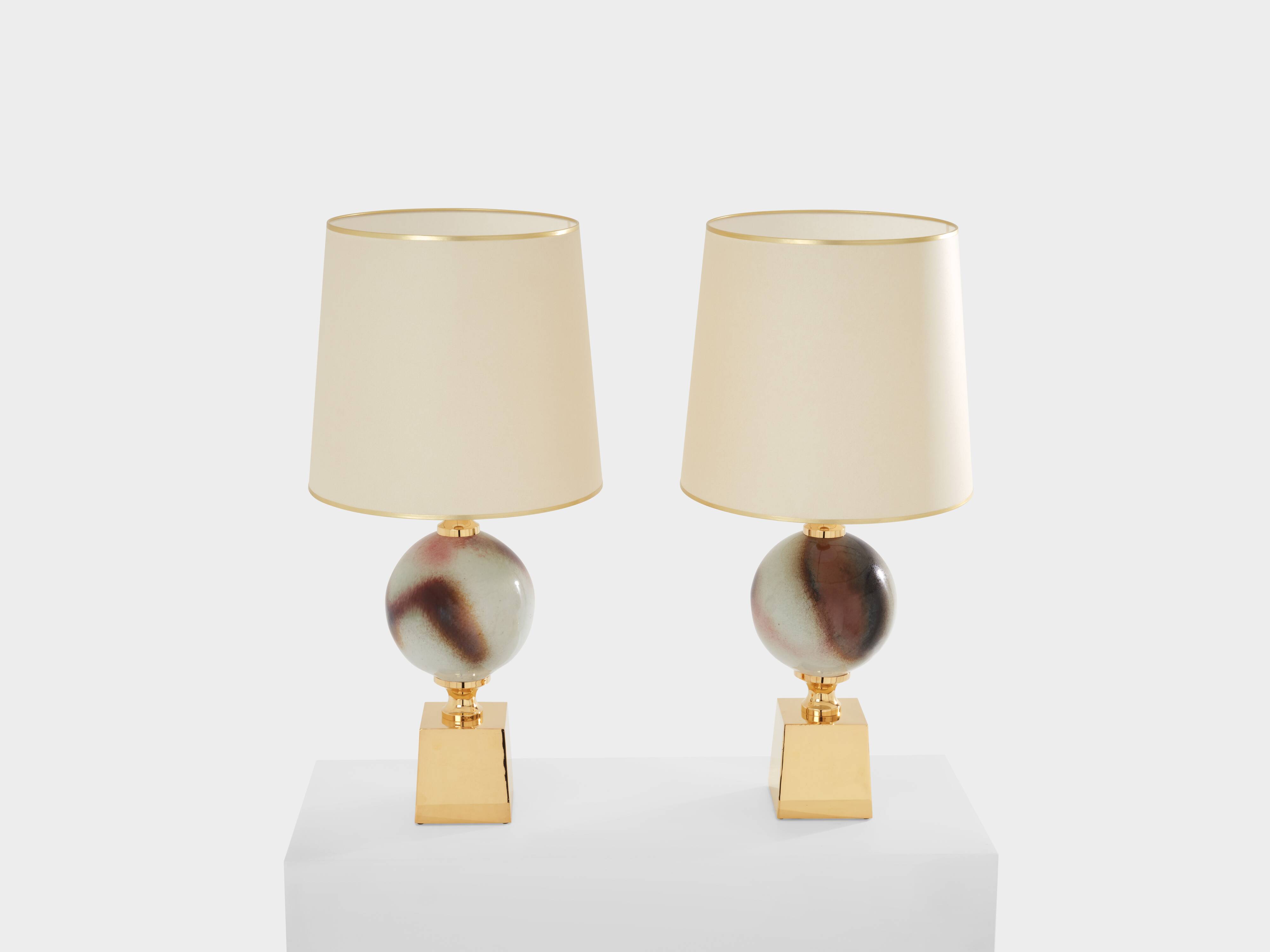 Pair of ceramic and brass lamps by Philippe Barbier, 1970s
