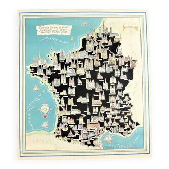 Affiche géographique 1952 Nos Cathédrales France Belgique 100x89cm