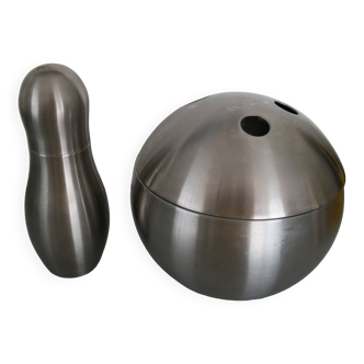 Brushed stainless steel ice bucket and shaker, 1970