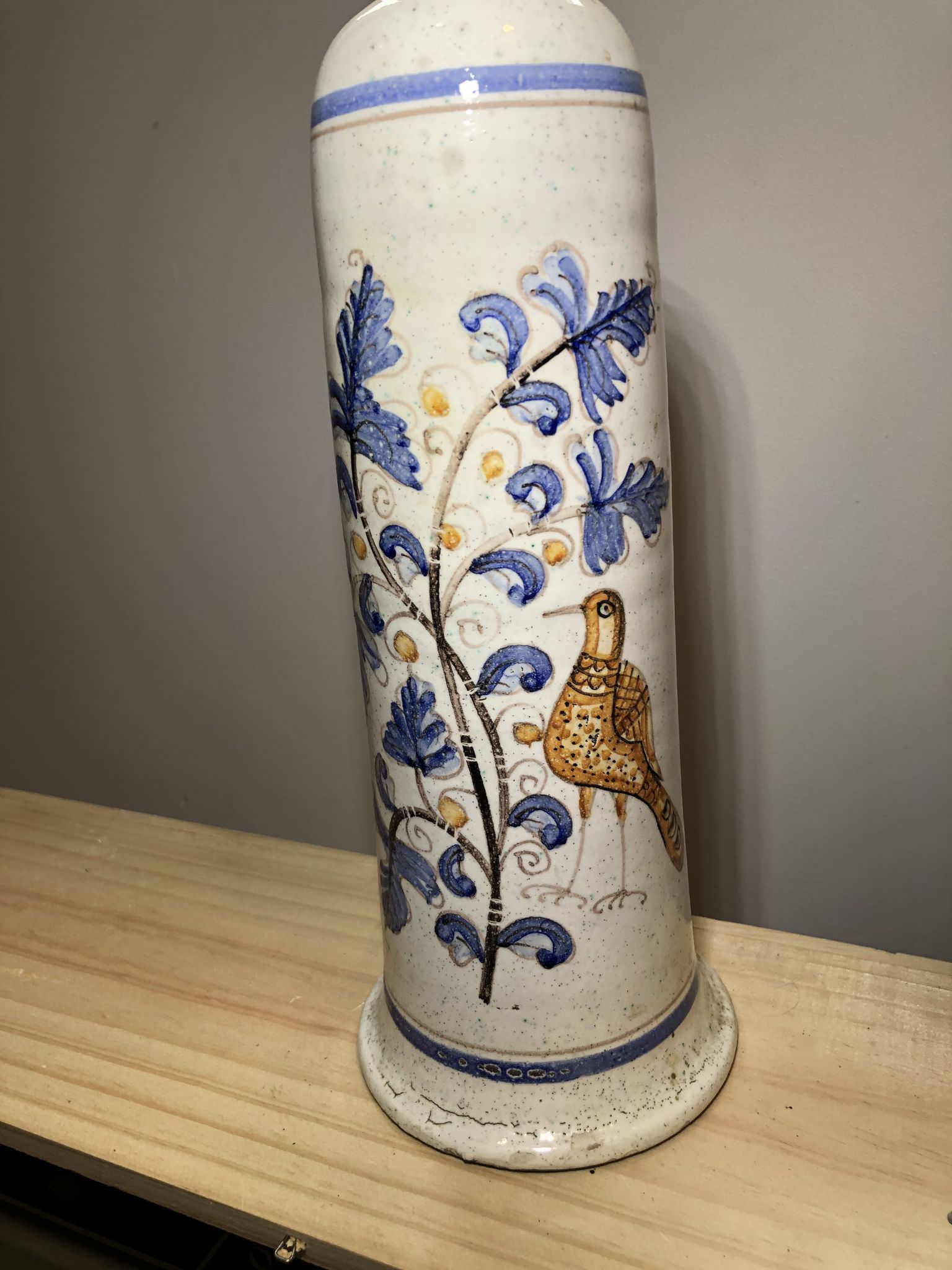 Painted terracotta bottle in black style signed CS bird painting floral decoration