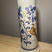 Painted terracotta bottle in black style signed CS bird painting floral decoration