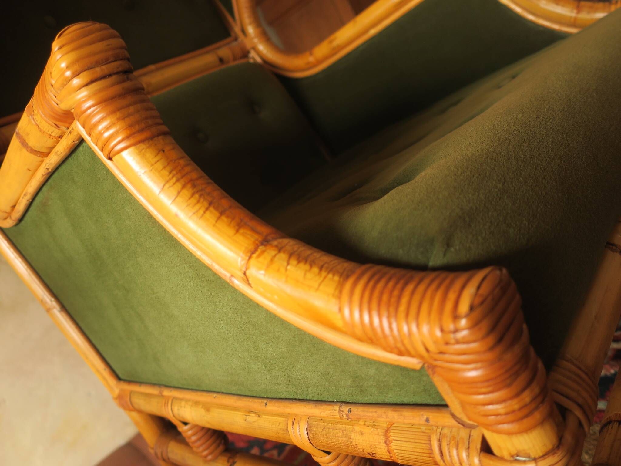 Mid-century wingback chair in bamboo and olive green, 1960s