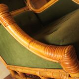 Mid century wing lounge chair in bamboo and olive green, 1960s