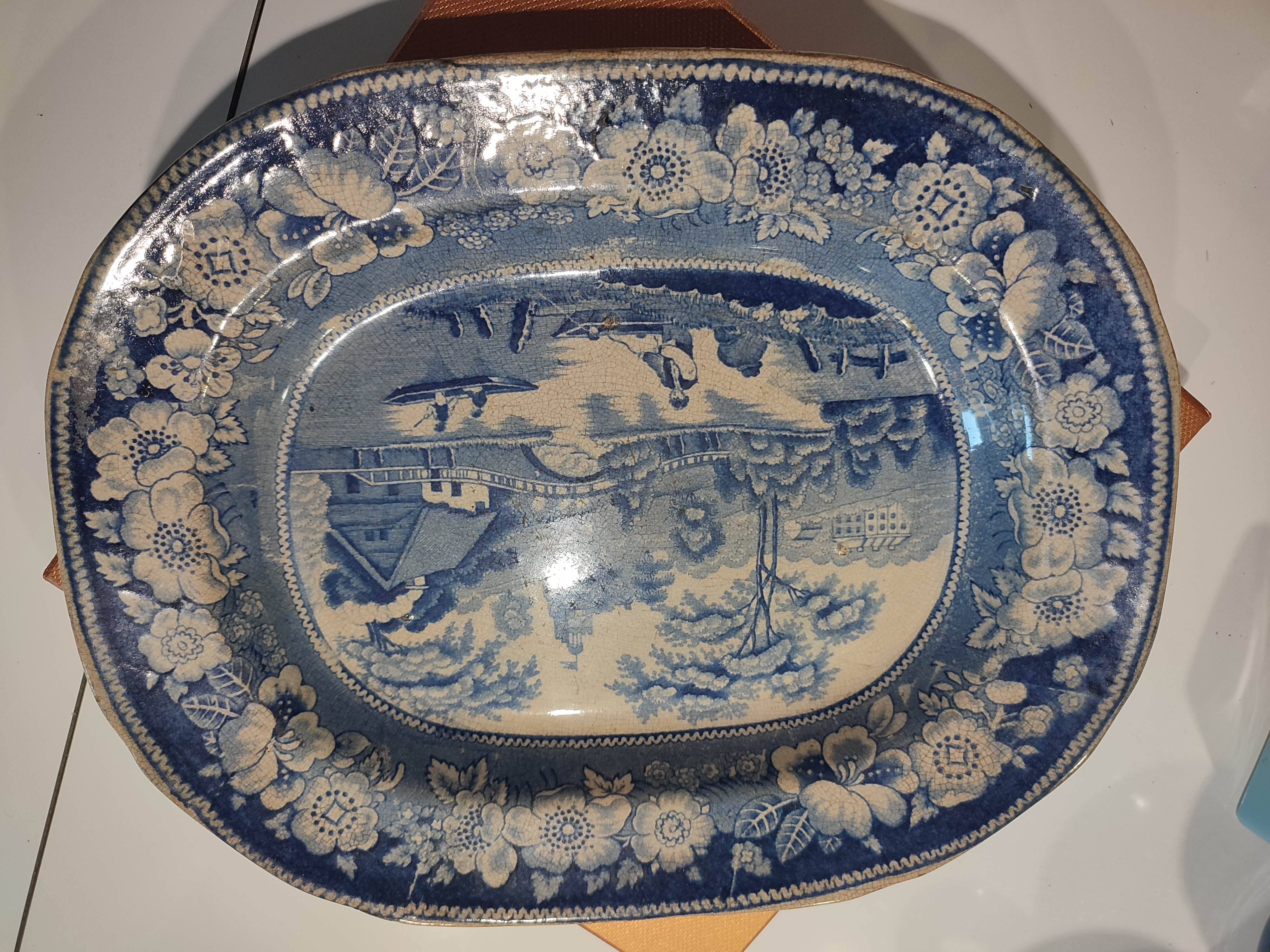 Antique serving platter in English earthenware 1850 Wild Rose