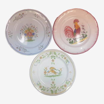 Lot de 3 assiettes décoratives Faïence de Pornic Bouquets coq oiseau  24,5 cm