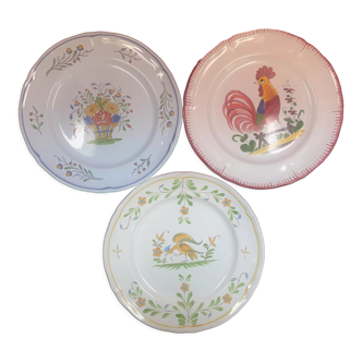 Lot de 3 assiettes décoratives Faïence de Pornic Bouquets coq oiseau  24,5 cm