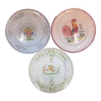 Set of 3 decorative plates Faience by Pornic Bouquets rooster bird 24,5 cm