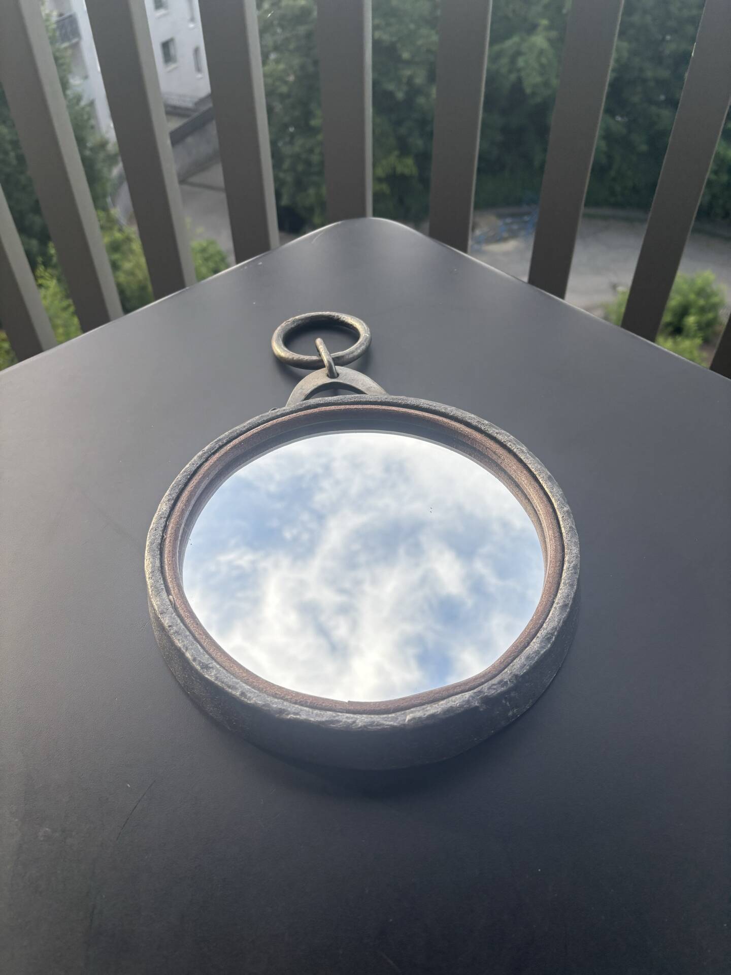 Brutalist "Porthole" Mirror in Wrought Iron by Léopold Gest – 1960s