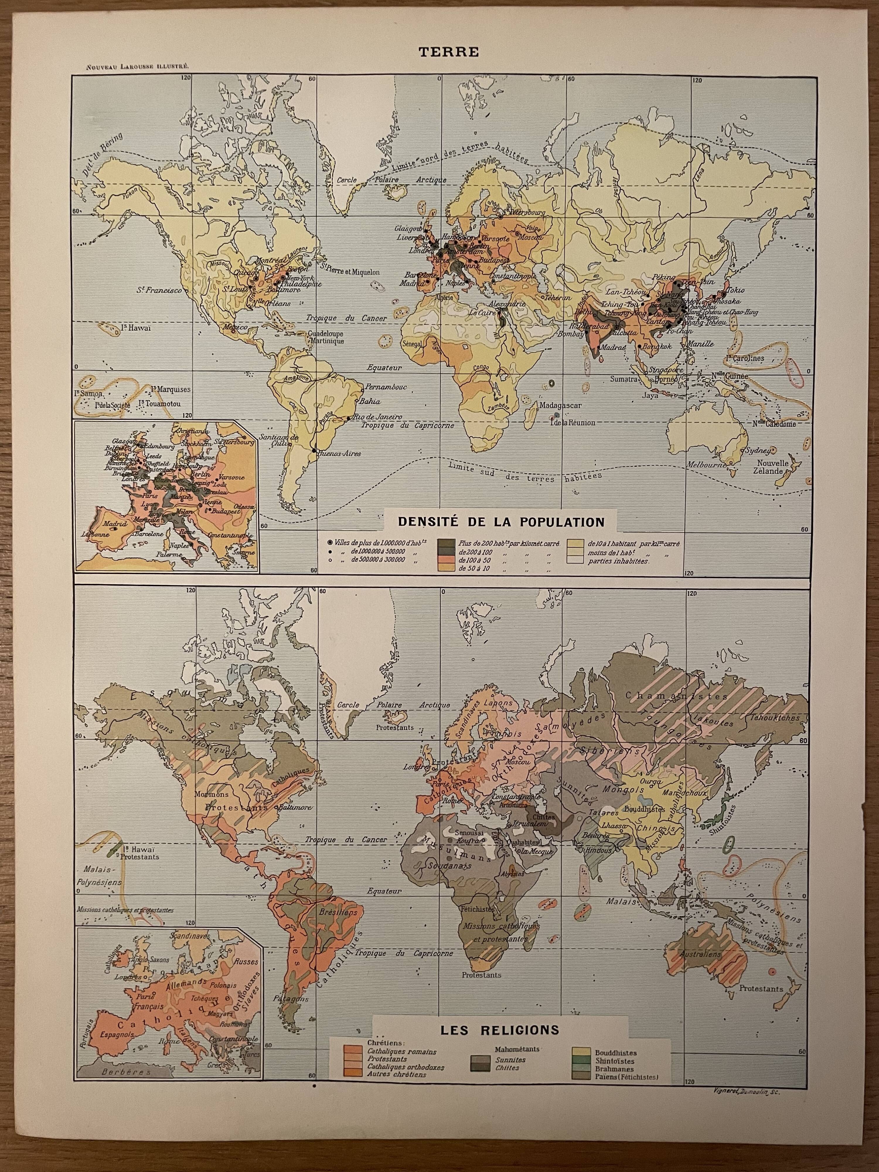 Lithography on Earth from 1897 - major communication routes, population density and religions