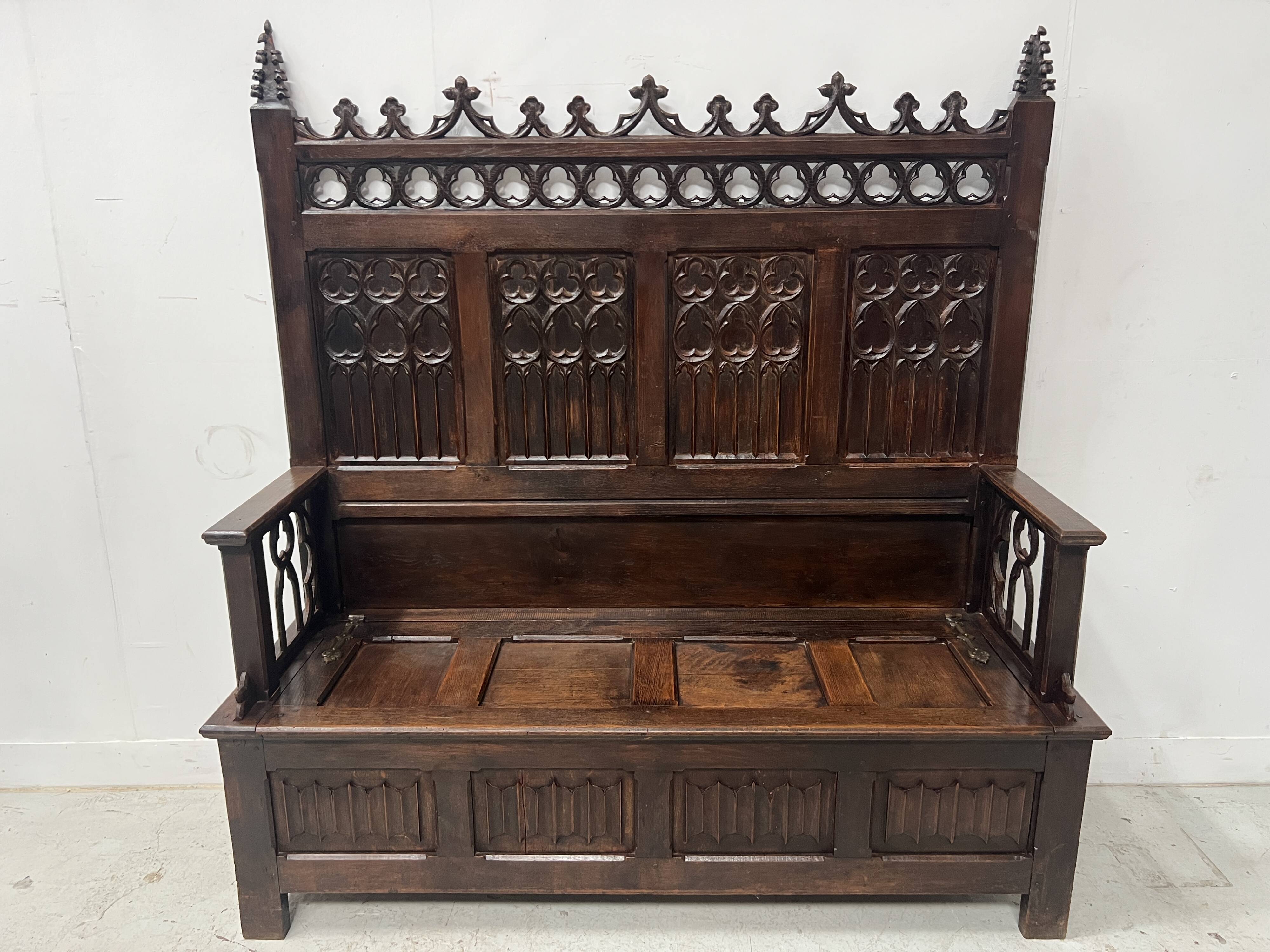 Gothic style carved oak chest bench, 19th century