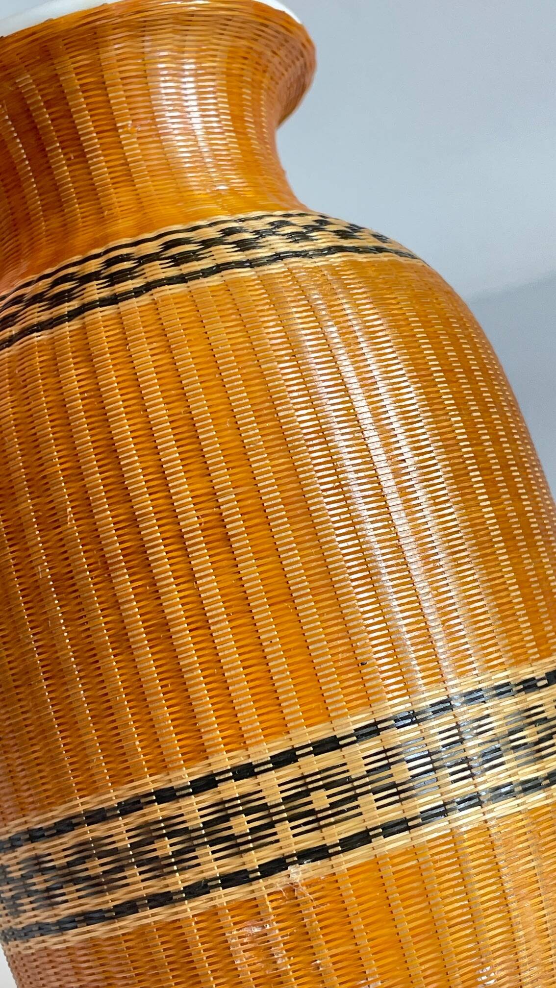 VINTAGE Woven Bamboo and Fine Porcelain VASE