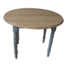 Table ovale en chêne à rabats et rallonge piétement ceinture, vert de gris , plateau bois.