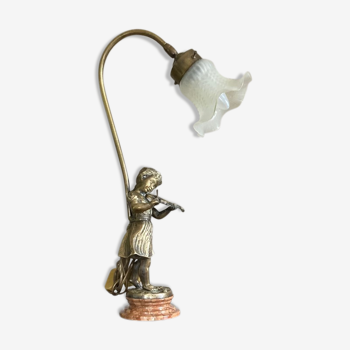 Lampe La violoniste signé Farbel époque XXe Bronze, marbre, laiton et tulipe en verre opaque