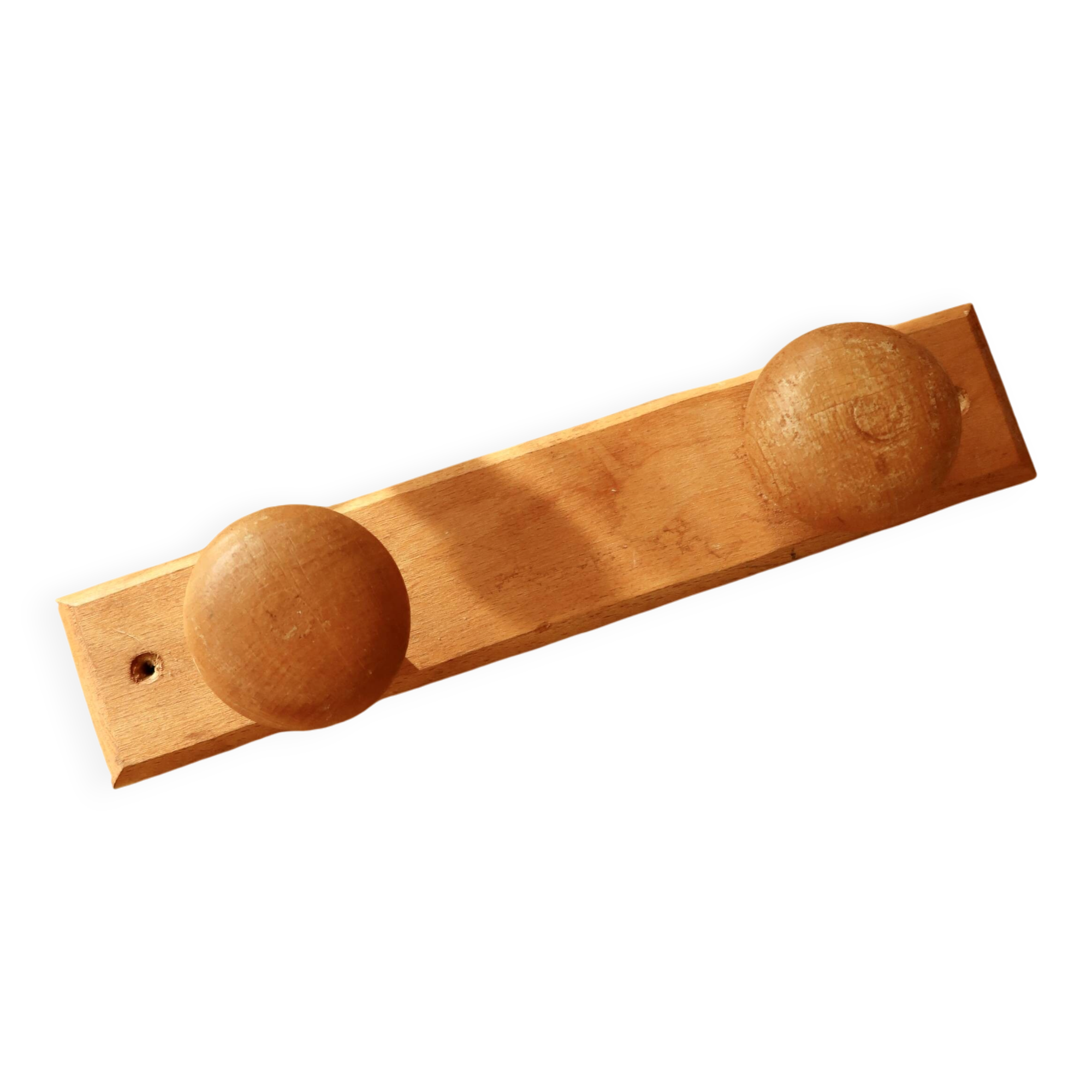 Vintage wall coat rack in pine with 2 hooks.