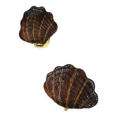 Pair of shell-shaped wicker wall lights, rattan & brass, 1980s, Italy